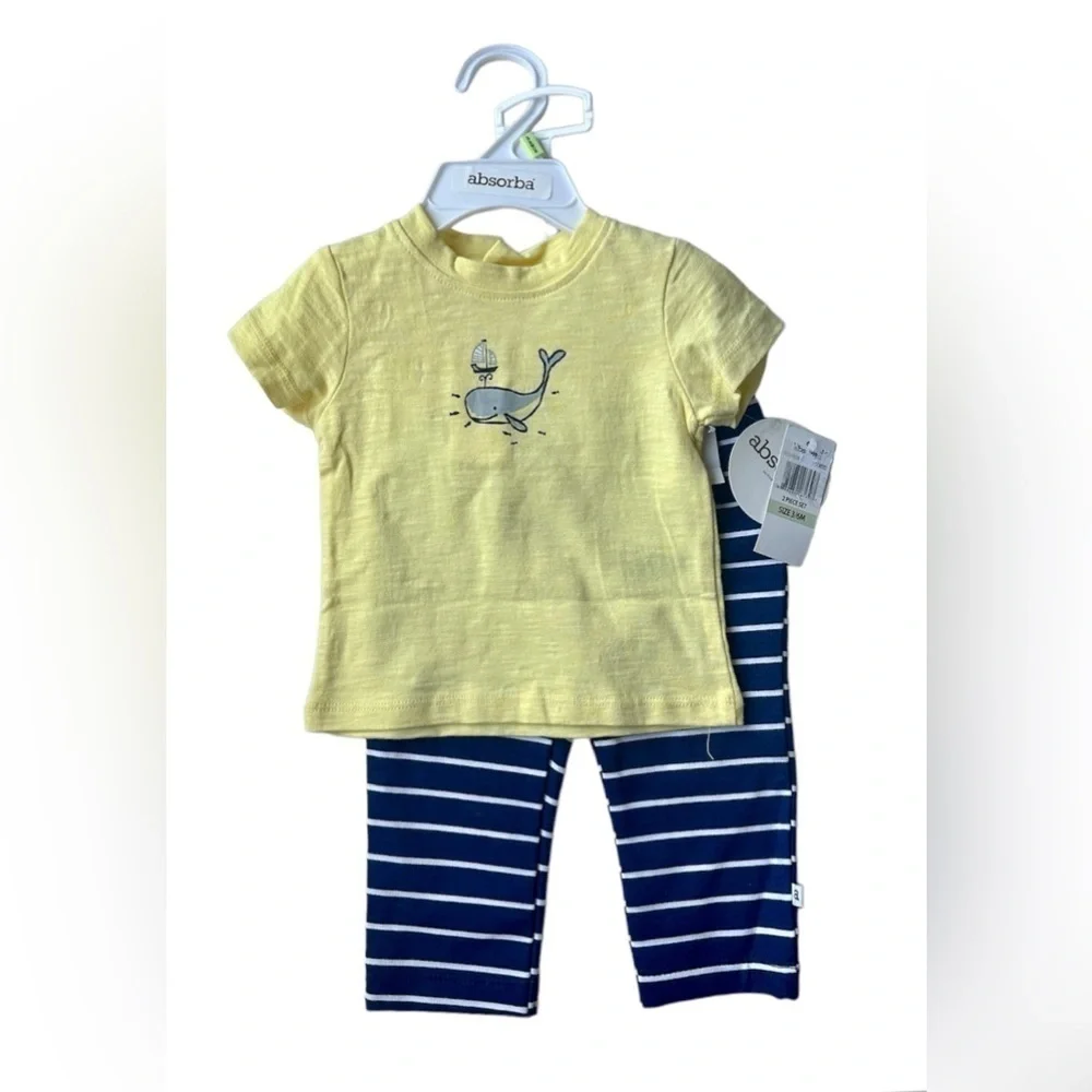 NWT Absorba Baby Boy Two Piece Yellow Blue Whale T-Shirt Striped Pant Set 3-6M
